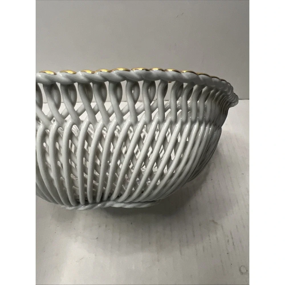 Vintage Romanian Porcelain  Basket Reticulated Floral Gold Rim